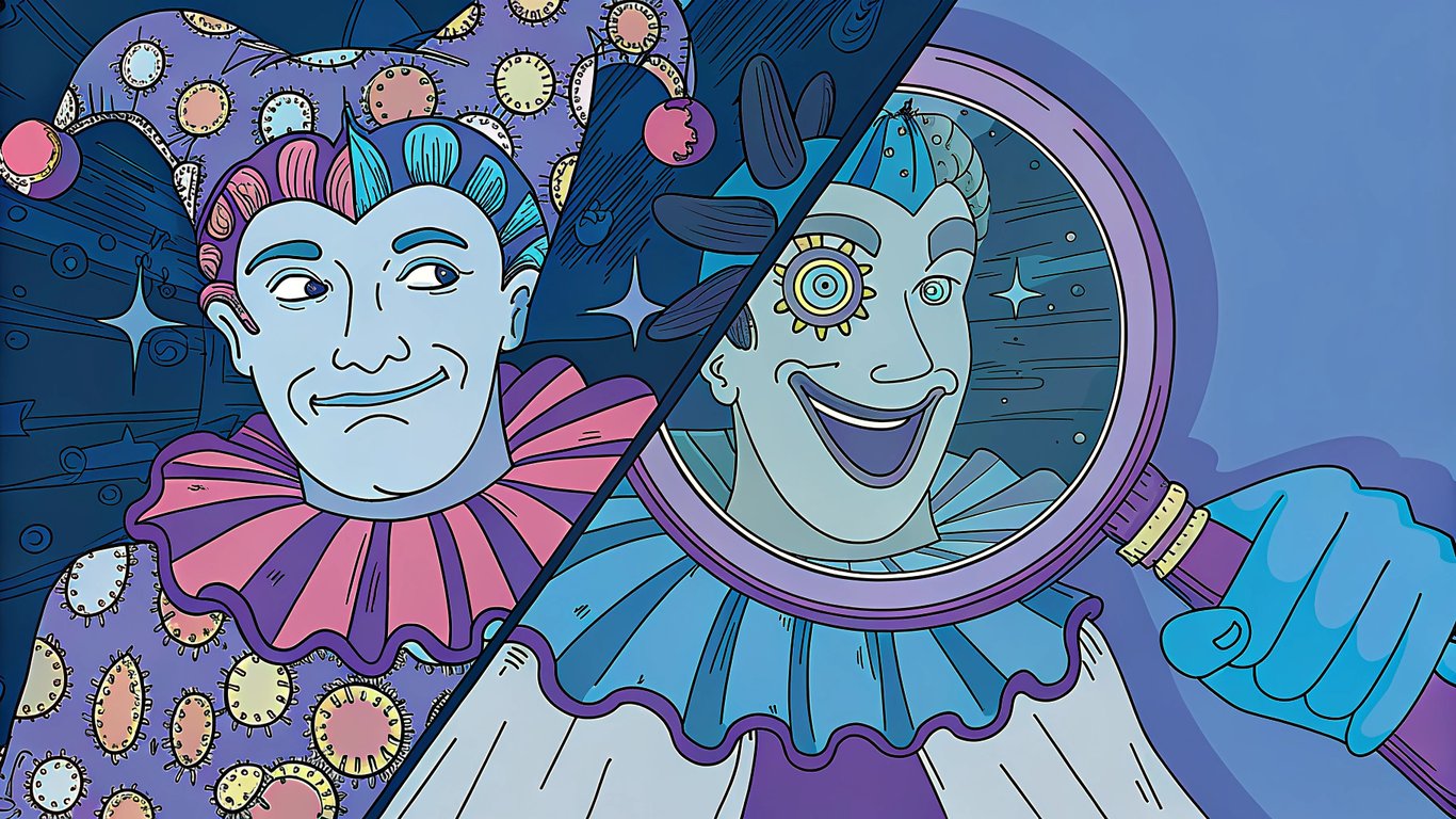 A visual comparison: one side shows a critical magnifying glass on a social issue (satire), the other shows a jester mimicking art (parody), illustrating their key differences.