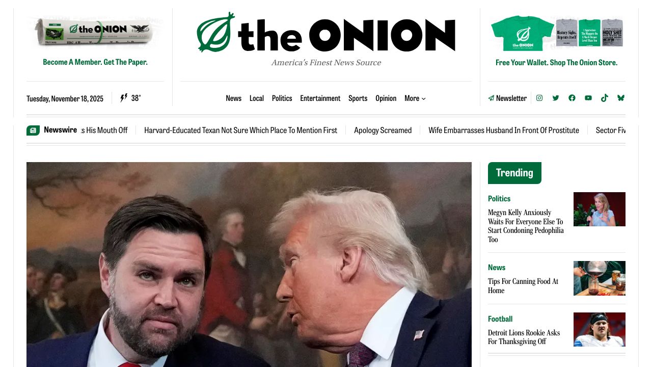 The Onion website homepage displaying various satirical news headlines and articles.