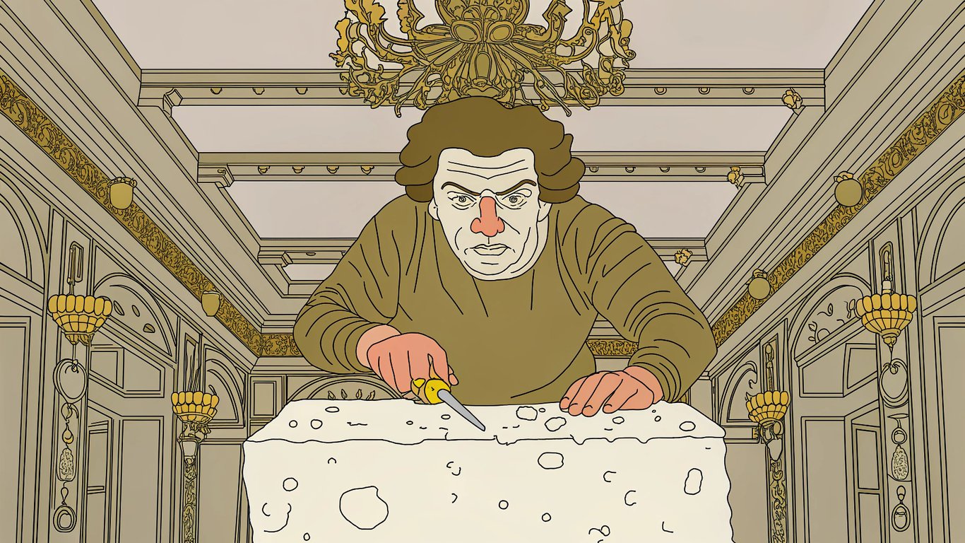 Illustration of a celebrity seriously sculpting cheese, representing exaggeration and absurdity in satire.