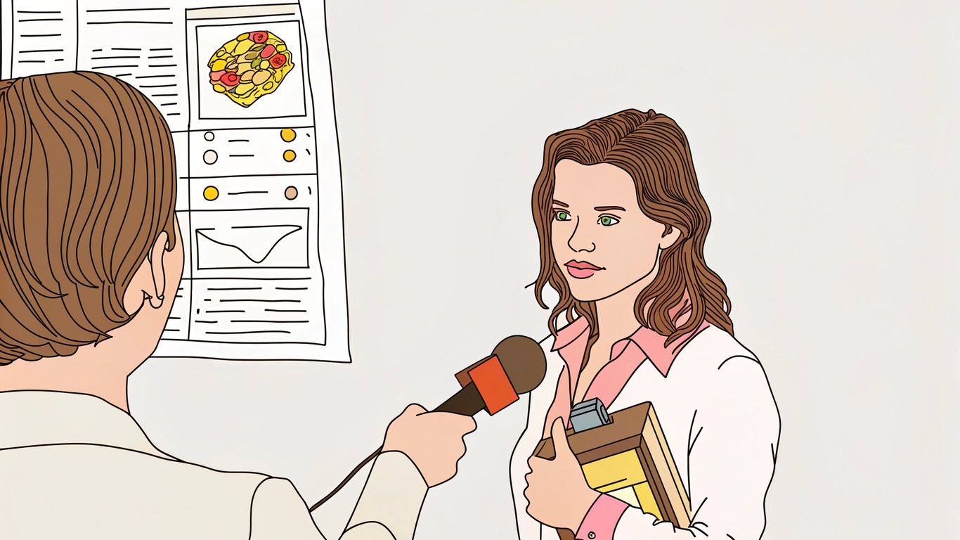 Illustration of a serious interview about a celebrity's breakfast cereal, highlighting the mismatch of tone and trivial content.