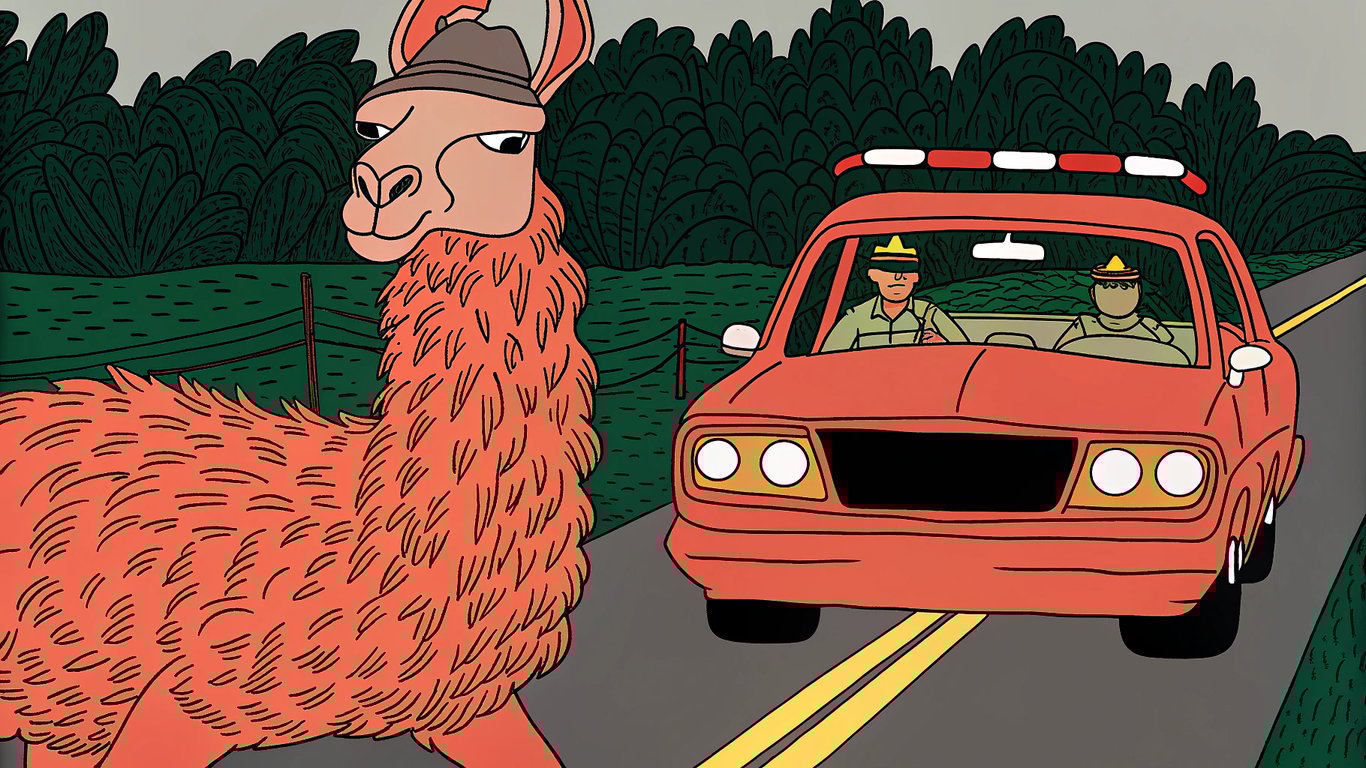 A cartoon llama running on a highway, being chased by a police car.