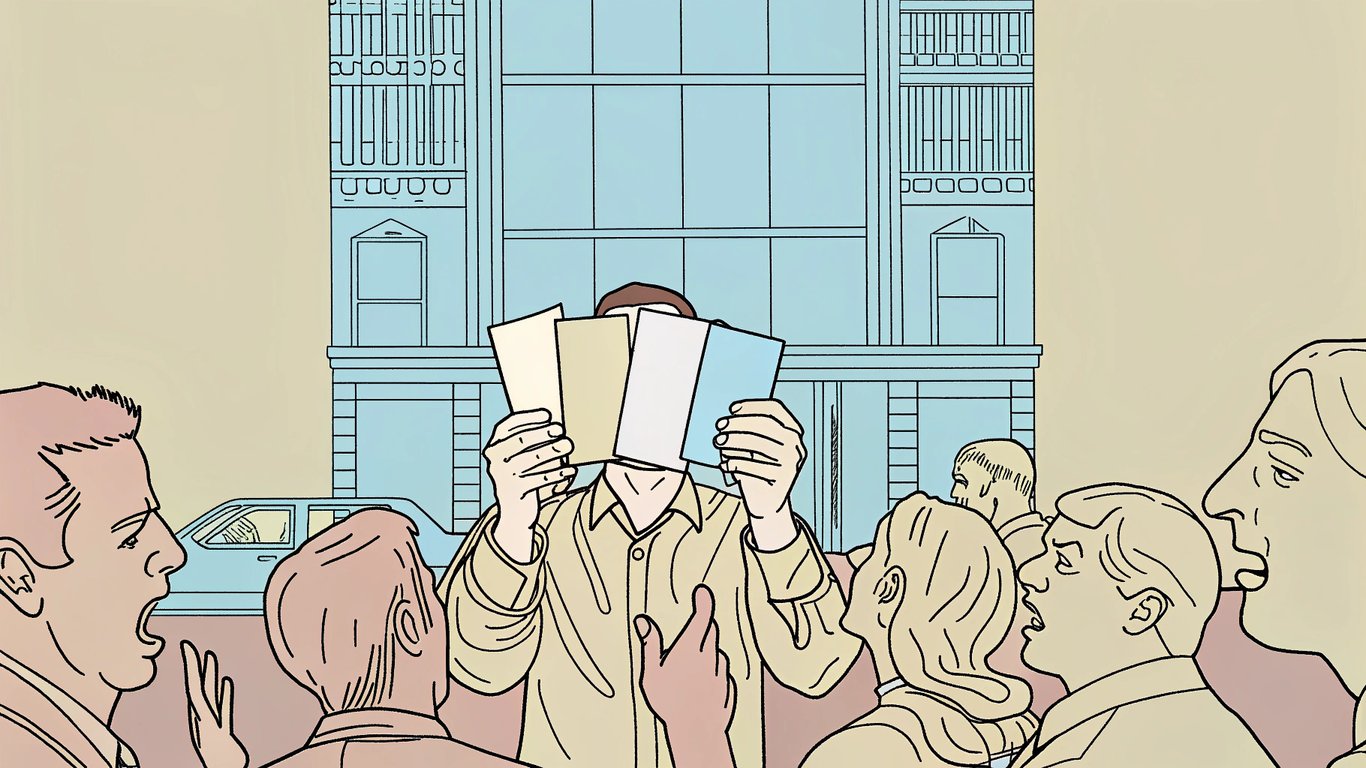 An illustration of a city planner looking perplexed by various beige paint swatches, with people debating the color in front of a building.