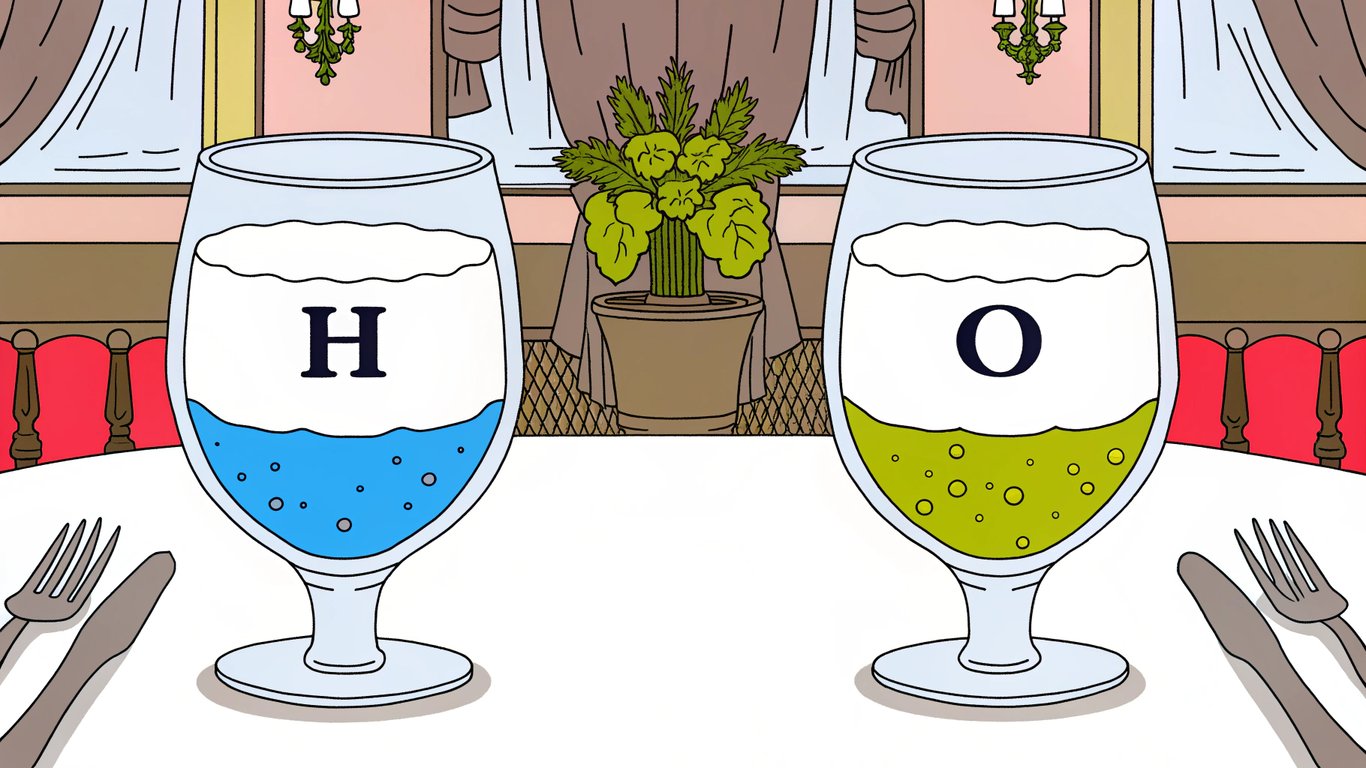 A restaurant table with two glasses, one labeled 'H' and the other 'O', representing deconstructed water, with a puzzled diner.